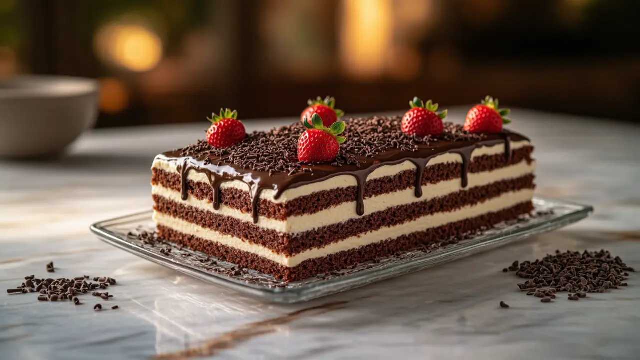 Bombom de travessa delicioso com camadas de chocolate e creme